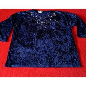 Plus Size Beaded Crushed Velvet Shirt  Royal Blue Women 2X Basil Vintage Glam